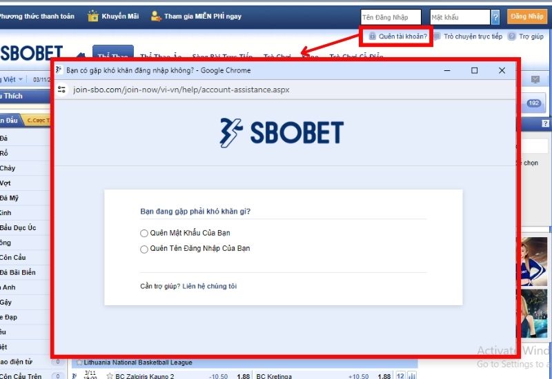 Bấm vào mục quên tài khoản Sbobet